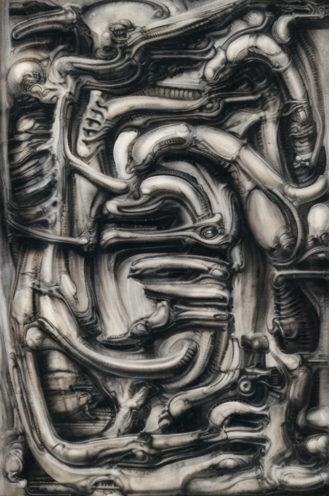 g1g3r, xGiger, The image is a detailed view of H.R. Giger's \" biomechanical landscape no 312\" plate, featuring a complex network of bones and organs in a purple-brown hue ,swirling gray and brown colors. group of alien corpses positioned in the foreground. Emaciated and skeletal, with hollow eyes, they appear to be constructed from bone and metallic elements, a characteristic fusion of organic and mechanical forms found in Giger's biomechanical art. of fossilized beings of ivorish with multiple arms and legs, resembling a group of octopi. The image depicts a complex, intricate, and detailed design that appears to be a fusion of organic and mechanical elements, with a focus on the interplay between the two.