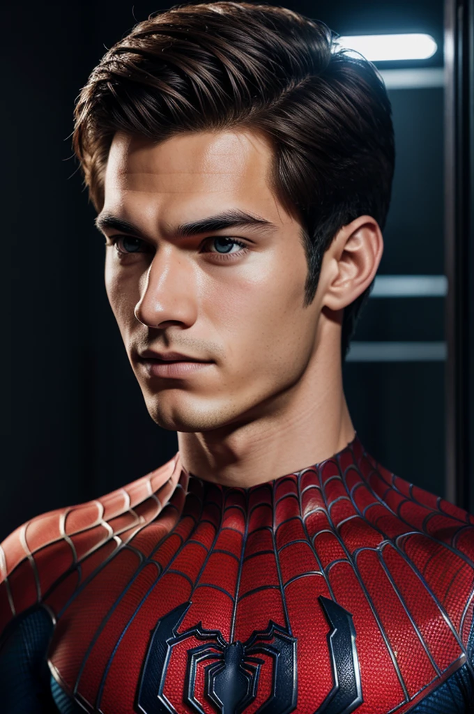 A photograph of spider man, no mask, 20 yo, handsome, detailed face, looking at camera, illustrationportrait, 8k uhd, high quality