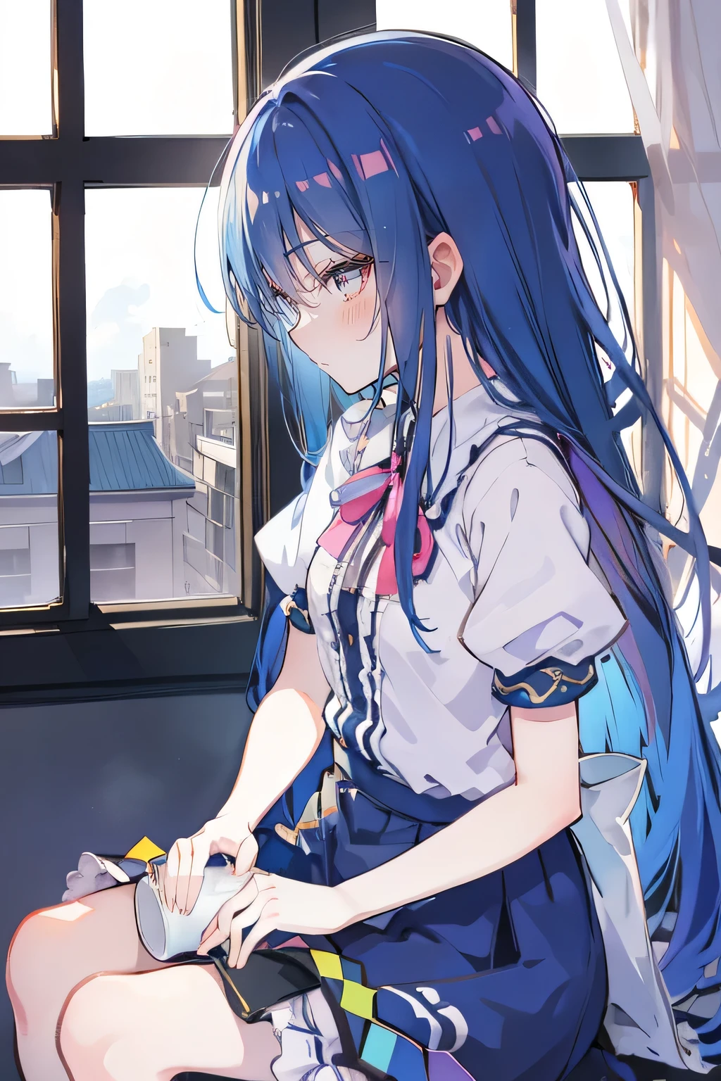 Anime Girl sitting on window sill drinking coffee and looking out the window, (Anime Girl), Anime cute art style, seductive Anime Girl, Beautiful anime high school, Cute girl anime visual, Night Core, Best Girl in Anime, young Anime Girl,dark blue long hair,Sit by the window