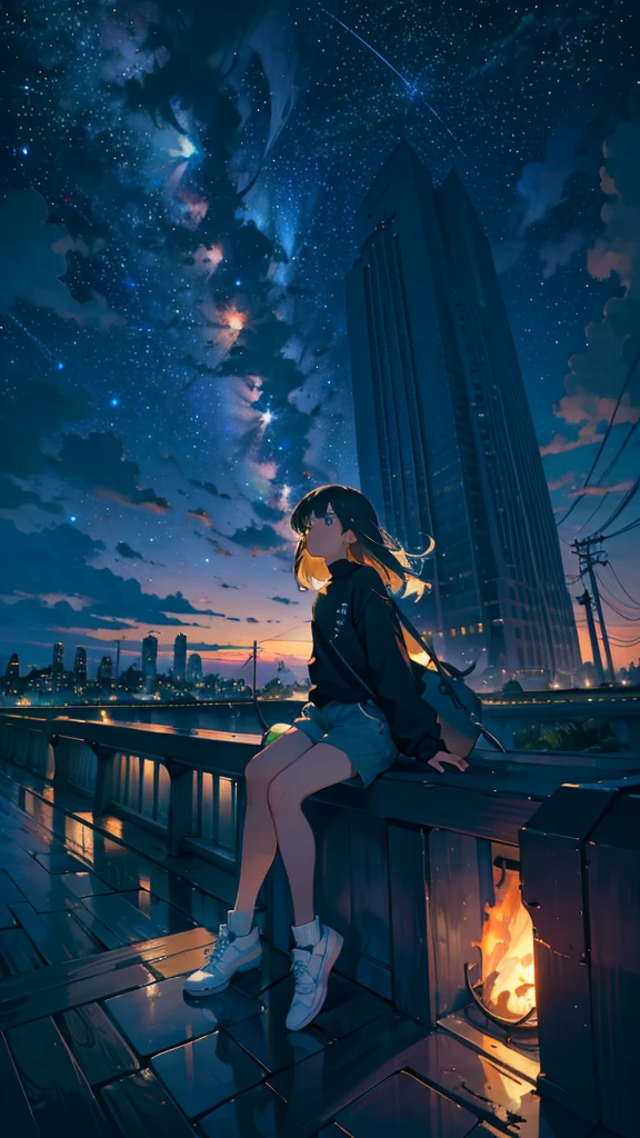 masterpiece, Exquisite detail,Highest quality, One girl, alone, handrail, cloud, Looking up at the buildings,Long Hair, NULL, Long sleeve, Power lines, White footwear, Black Hair, View your viewers, Electric pole, bangs, cloudy NULL, fish, bird, Green Eyes, Shorts, Day, Black Shirt, barefoot,Whale flying in the sky,Giant whale,night,star,milky way,night,Pitch black,Buildings,Sitting