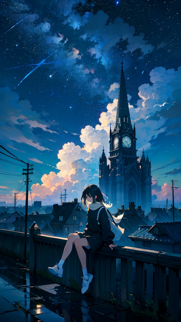 masterpiece, Exquisite detail,Highest quality, One girl, alone, handrail, cloud, Looking up at the buildings,Long Hair, NULL, Long sleeve, Power lines, White footwear, Black Hair, View your viewers, Electric pole, bangs, cloudy NULL, fish, bird, Green Eyes, Shorts, Day, Black Shirt, barefoot,Whale flying in the sky,Giant whale,night,star,milky way,night,Pitch black,Buildings,Sitting