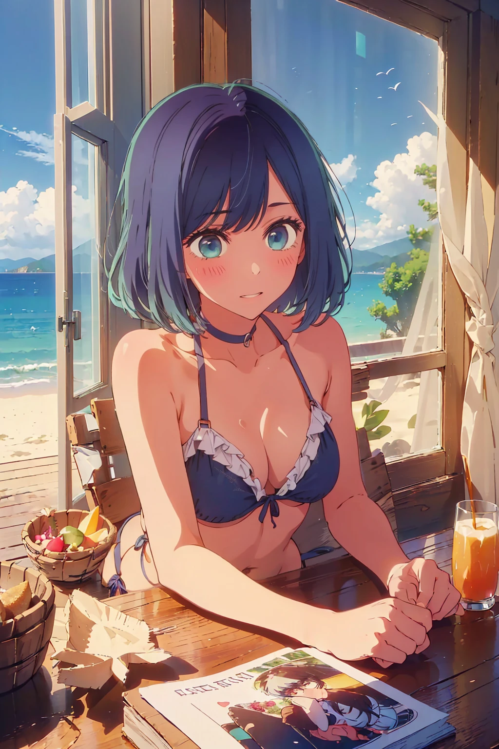 (Highest quality:1.4、masterpiece:1.4、Super detailed:1.4、8k:1.4)、((((1 person、Surprised expression、sit、Indoor cafe terrace、coastal、juice、table、Sandy Beach、juiceのグラスを持つ、Sunset lit beach、Warm rays of the sun、Micro Bikini、Very soft 、Big eyes、Very cute face))))、F cup bust、Medium breast、Underboob