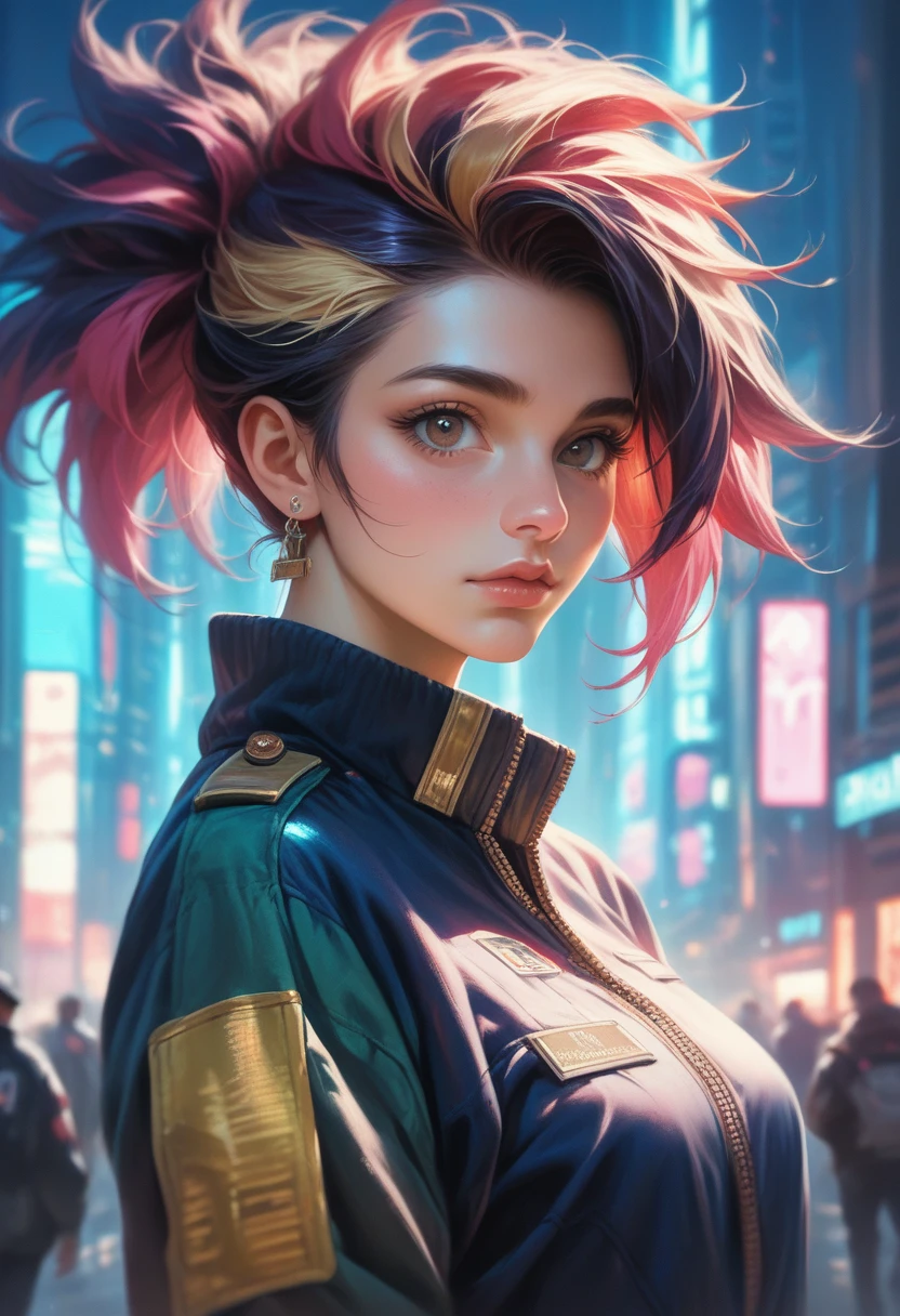 a beautiful girl with long multicolored hair, detailed facial features, Akali KDA uniform, neon lighting, futuristic cityscape, highly detailed, 8k, photorealistic, masterpiece