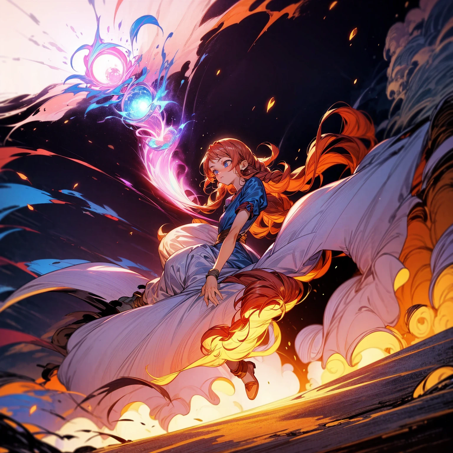 1woman, 1character, woman version, blue eyes, long Curly haircut, pink colour hair, Ancient Roman clothing, red colour clothing, long dress, boots, Bandage on hand, Grassroots, background in field town, motion blur, fire burned in hand, (dragon ball style art), (high angle view), smoke effect, aura effect, blue lighting, (the largest blue fireball), Moonlight, moon, blue fireball light silhouette, blue fire, lightning flash, plasma effect 