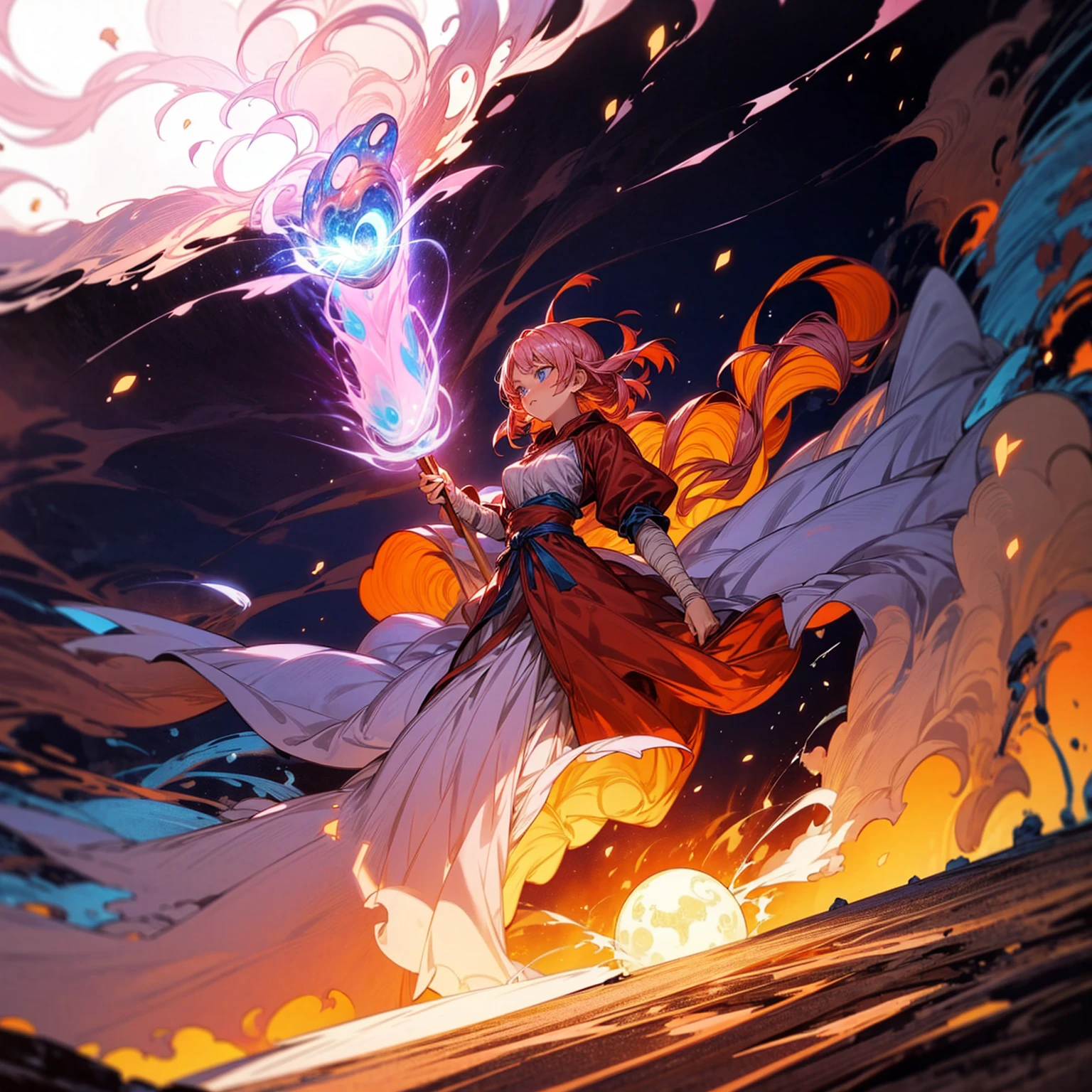 1woman, 1character, woman version, blue eyes, long Curly haircut, pink colour hair, Ancient Roman clothing, red colour clothing, long dress, boots, Bandage on hand, Grassroots, background in field town, motion blur, fire burned in hand, (dragon ball style art), (high angle view), smoke effect, aura effect, blue lighting, (the largest blue fireball), Moonlight, moon, blue fireball light silhouette, blue fire, lightning flash, plasma effect 