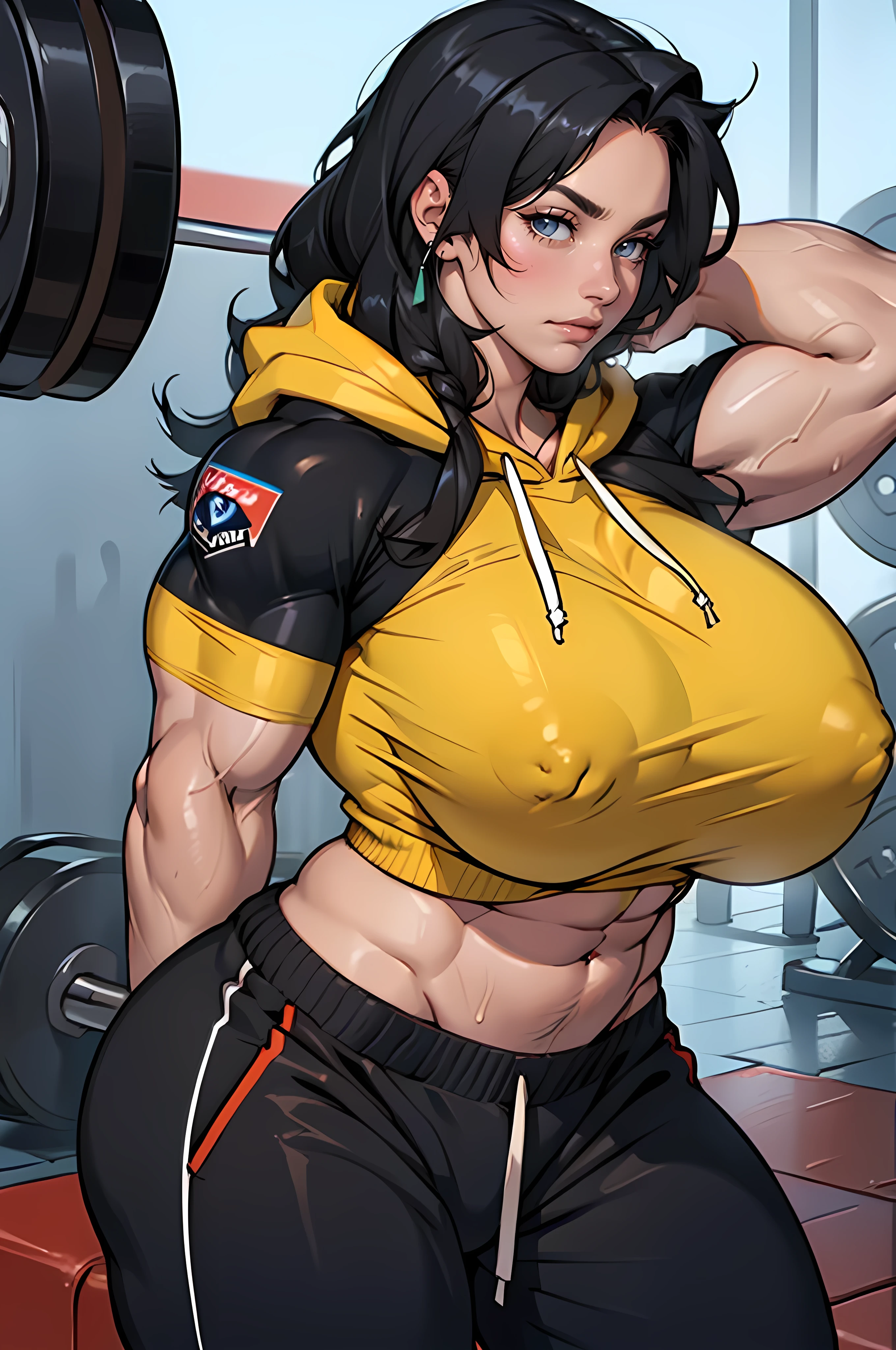 ((1girl)) (Erotic:1.8) (Massive Female Bodybuilder:1.5) with (Huge breasts:1.8) pale skin black hair very long hair yellow eyes long hoodie sweatpants midriff close up