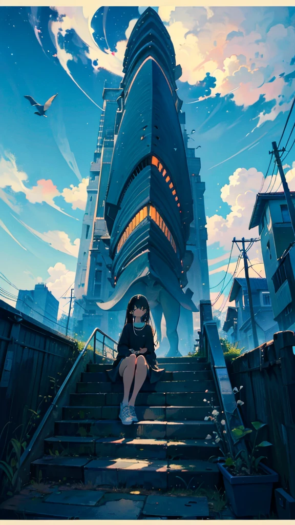 masterpiece, Exquisite detail,Highest quality, One girl, alone, handrail, cloud, Looking up at the buildings,Long Hair, NULL, Long sleeve, Power lines, White footwear, Black Hair, View your viewers, Electric pole, bangs, cloudy NULL, fish, bird, Green Eyes, Shorts, Day, Black Shirt, barefoot,Whale flying in the sky,Giant whale,night,star,milky way,night,Pitch black,Buildings,Sitting