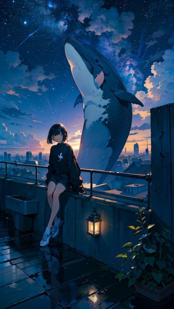 masterpiece, Exquisite detail,Highest quality, One girl, alone, handrail, cloud, Looking up at the buildings,Long Hair, NULL, Long sleeve, Power lines, White footwear, Black Hair, View your viewers, Electric pole, bangs, cloudy NULL, fish, bird, Green Eyes, Shorts, Day, Black Shirt, barefoot,Whale flying in the sky,Giant whale,night,star,milky way,night,Pitch black,Buildings,Sitting