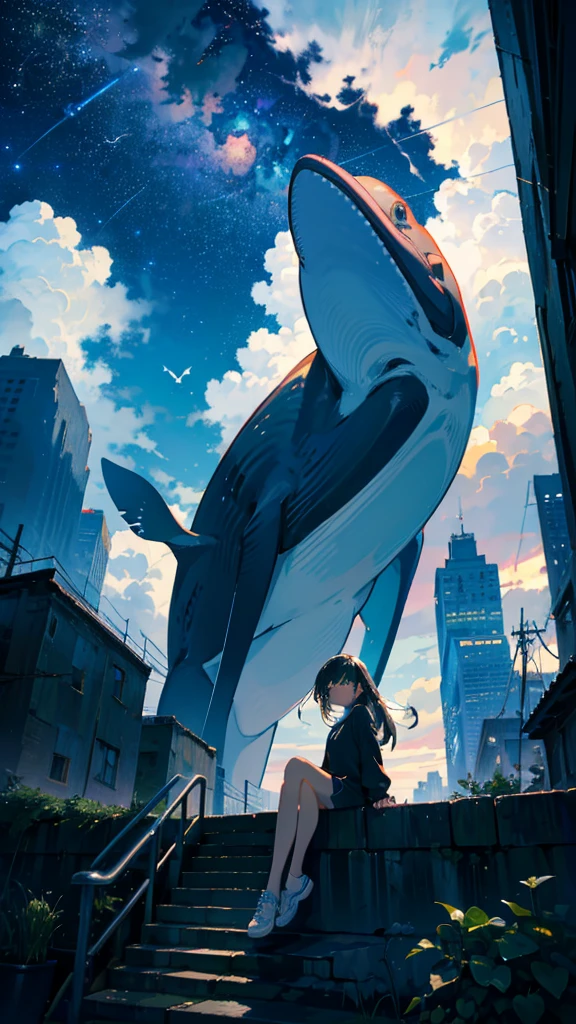masterpiece, Exquisite detail,Highest quality, One girl, alone, handrail, cloud, Looking up at the buildings,Long Hair, NULL, Long sleeve, Power lines, White footwear, Black Hair, View your viewers, Electric pole, bangs, cloudy NULL, fish, bird, Green Eyes, Shorts, Day, Black Shirt, barefoot,Whale flying in the sky,Giant whale,night,star,milky way,night,Pitch black,Buildings,Sitting
