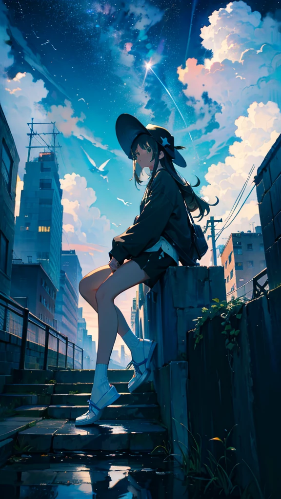 masterpiece, Exquisite detail,Highest quality, One girl, alone, handrail, cloud, Looking up at the buildings,Long Hair, NULL, Long sleeve, Power lines, White footwear, Black Hair, View your viewers, Electric pole, bangs, cloudy NULL, fish, bird, Green Eyes, Shorts, Day, Black Shirt, barefoot,Whale flying in the sky,Giant whale,night,star,milky way,night,Pitch black,Buildings,Sitting