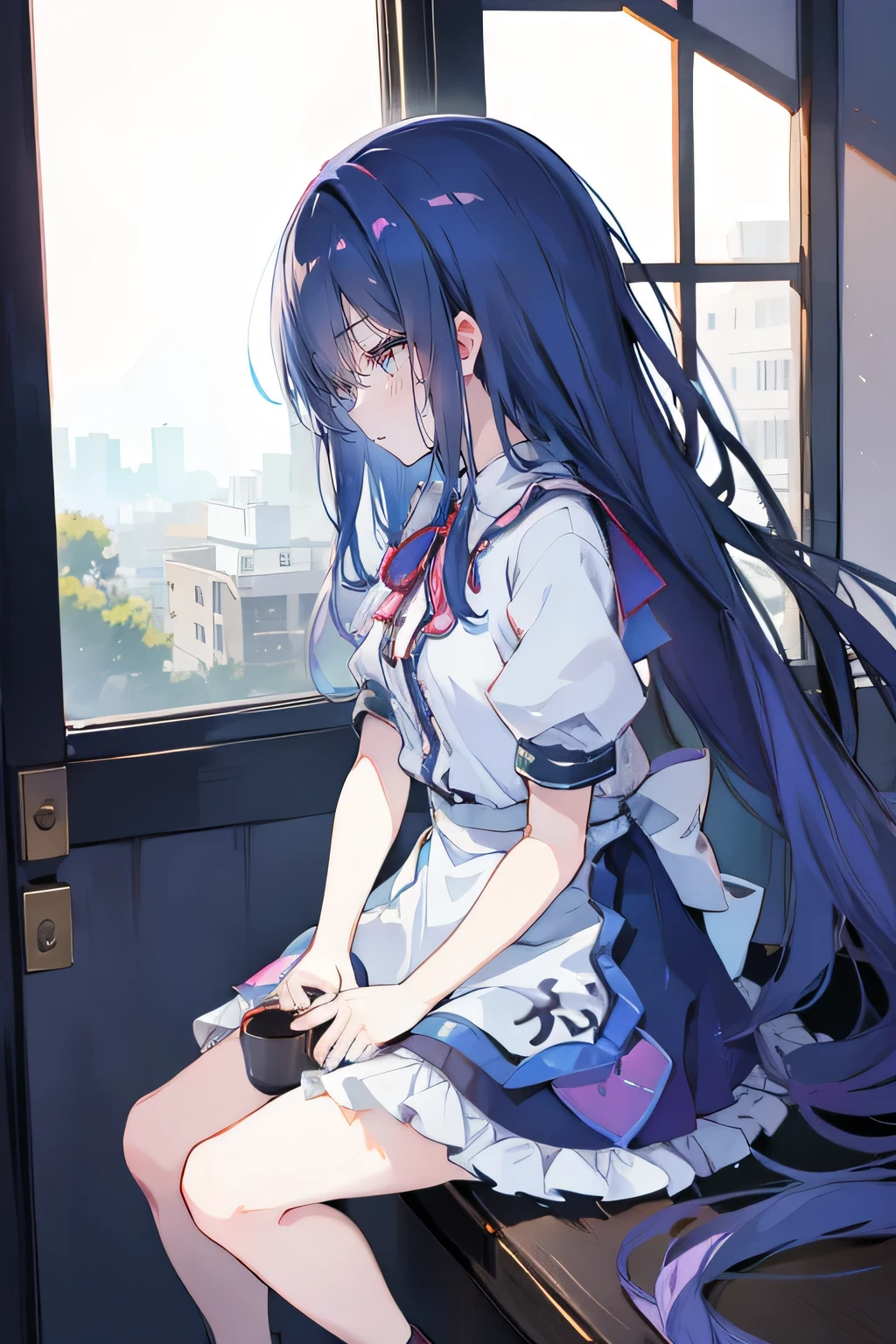 Anime Girl sitting on window sill drinking coffee and looking out the window, (Anime Girl), Anime cute art style, seductive Anime Girl, Beautiful anime high school, Cute girl anime visual, Night Core, Best Girl in Anime, young Anime Girl,dark blue long hair,Sit by the window
