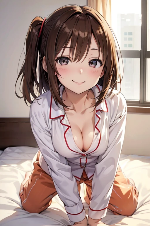 Simple Background,(anime:1.3),Detailed face,Detailed Description,1girl,Brown hair,Two Side Up,(Teasing smile:1.3),Detailed hair,Upward glance,From above,Office Shirt,pajamas,Cleavage,Flat breasts,(Half-open eyes,Squint eyes:1.3),(Petite),bedroom,onbed,On all fours