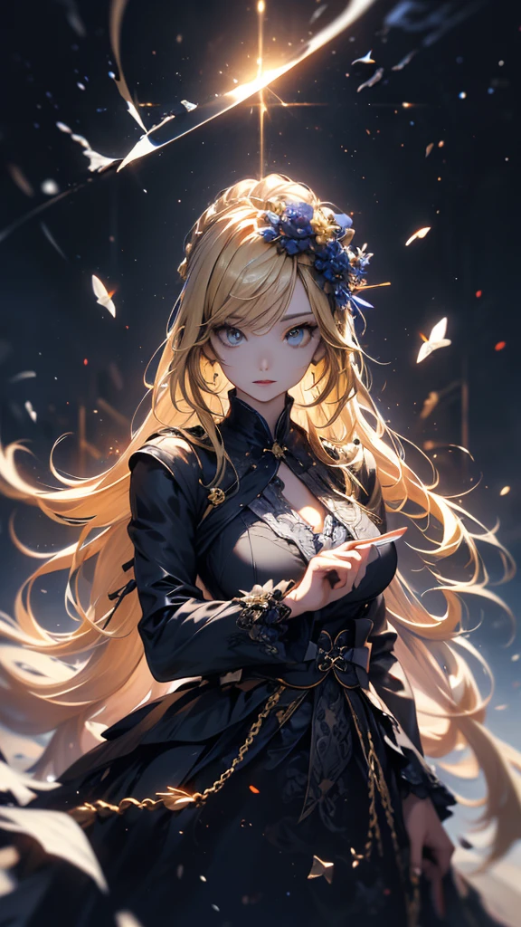 masterpiece, high quality, 4K, Beautiful design, silhouette,blonde, 非常に詳細な夜のStarry Sky,Flower Field, wonderful, Finer details, Very knowledgeable woman, Highly detailed solo, 1 female,Big Breasts,Gothic Lolita Fashion,Hold the fan in front of your chest.,Night view,Starry Sky,full moon,
