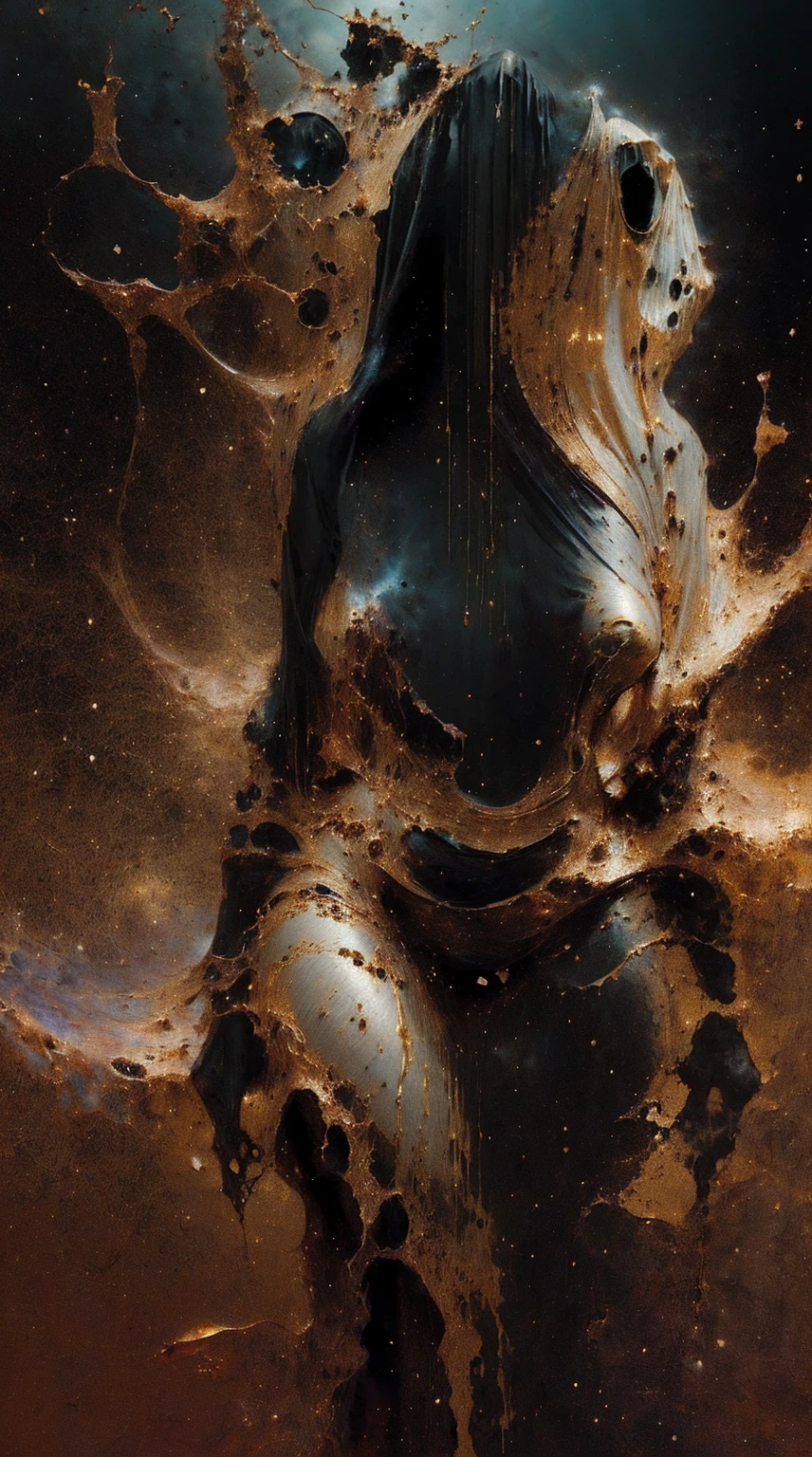 (body formed by nebula mauevine and black hole twisting into a beautiful interpretation of the female figure), au naturel,((complex galactic metallic colours in the foreground)), (( fluid mechanics, the loveliest smooth scale face makeup, smirky expression)) - red, black and gold, onyxia, metallic color palette g0s1