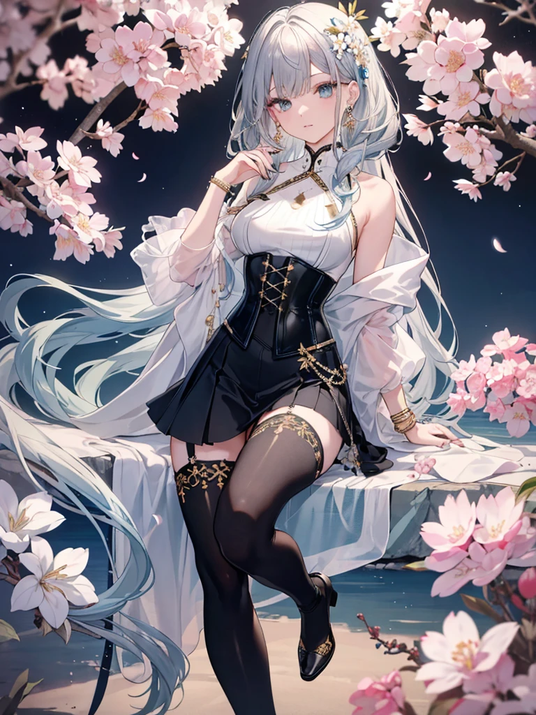 8k,High resolution RAW color art, Anime Art,Silver Marble Skin, (((Highly detailed elegant))), Detailed skin, texture,(Exquisitely crafted, The finer details, Ultra-detailed art), (1 Girl), Depth of written boundary, Silky Touch, Hyper Detail, Cool face, eye shadow、Armed pretty woman, Beautiful attention to detail, Beautiful lip detail, Highly detailed face, Delicate depiction of hair and eyes, Detailed Fashion, Blue sparkling eyes, Earrings, Slightly larger breasts,Full body depiction, ,Focus on the user、Stylish white off-shoulder pants、Black above-the-knee knit corset skirt、Tights up to the knee、Thighs、Golden decoration, Black nails, Gray Hair, Golden bracelet, Long Straight Hair, Light blue outer color、(((Hair)))、sweater、Cherry Blossoms at Night(Lesoonlight、肌面積Lesature)))、Calm background