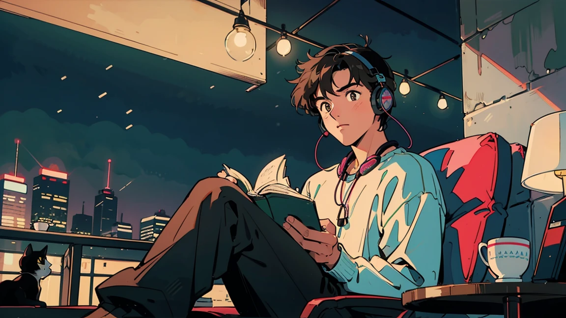 best quality, 8k, 1990s style,2010s hairstyles, 21-year-old boy, black hair, light brown eyes, city pop, pants ,night view, wearing headphones,reading a book, whole body, relax coffee,table,confection,Looking at me, Black cat