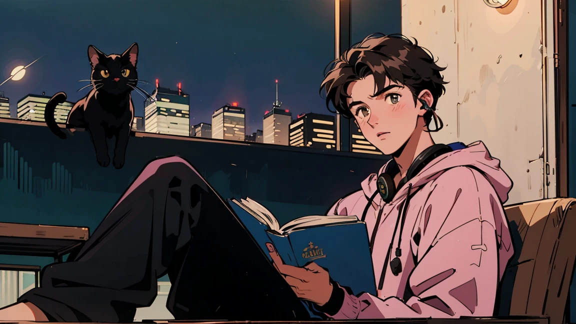 best quality, 8k, 1990s style,2010s hairstyles, 21-year-old boy, black hair, light brown eyes, city pop, pants ,night view, wearing headphones,reading a book, whole body,  relax coffee,table,confection,Looking at me, Black cat
