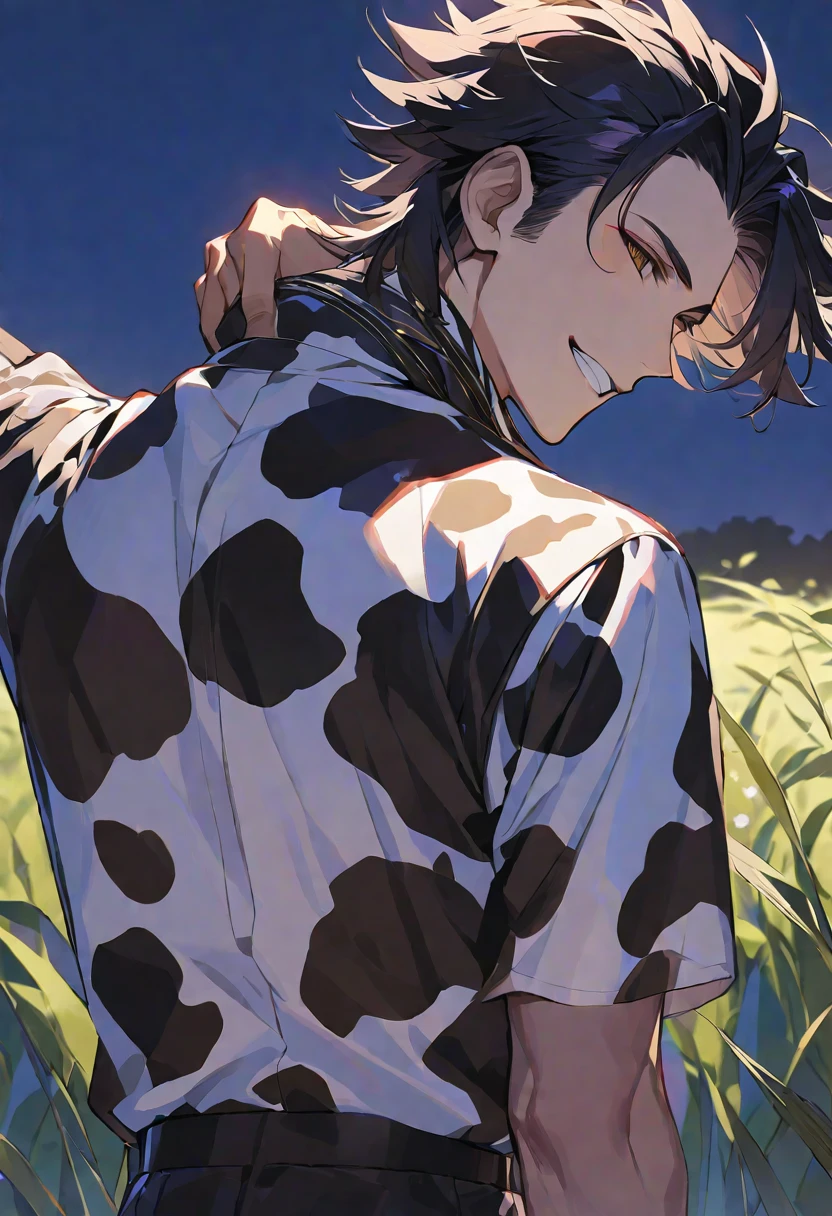 Solo,handsome, 
1. male,
bangs,straight hair,Bob Hair,the back of one's neck,
black hair, 
Gojo Satoru ,
brown Eyes,Soft look,
beautiful,sexly,Darkness,
cow-patterned clothes,smile, drink beer,
simple background ,
meadow background,