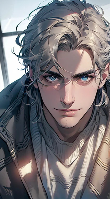 (best quality,4k,8k,highres,masterpiece:1.2),ultra-detailed,(realistic,photorealistic,photo-realistic:1.37),1 man,31 years old,mature man,very handsome,without expression,smile,short grey hair,blue eyes,penetrating gaze,perfect face without errors,imposing posture,businessman,office background,cinematic lighting,hdr image