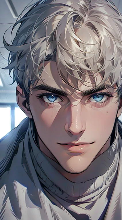 (best quality,4k,8k,highres,masterpiece:1.2),ultra-detailed,(realistic,photorealistic,photo-realistic:1.37),1 man,31 years old,mature man,very handsome,without expression,smile,short grey hair,blue eyes,penetrating gaze,perfect face without errors,imposing posture,businessman,office background,cinematic lighting,hdr image