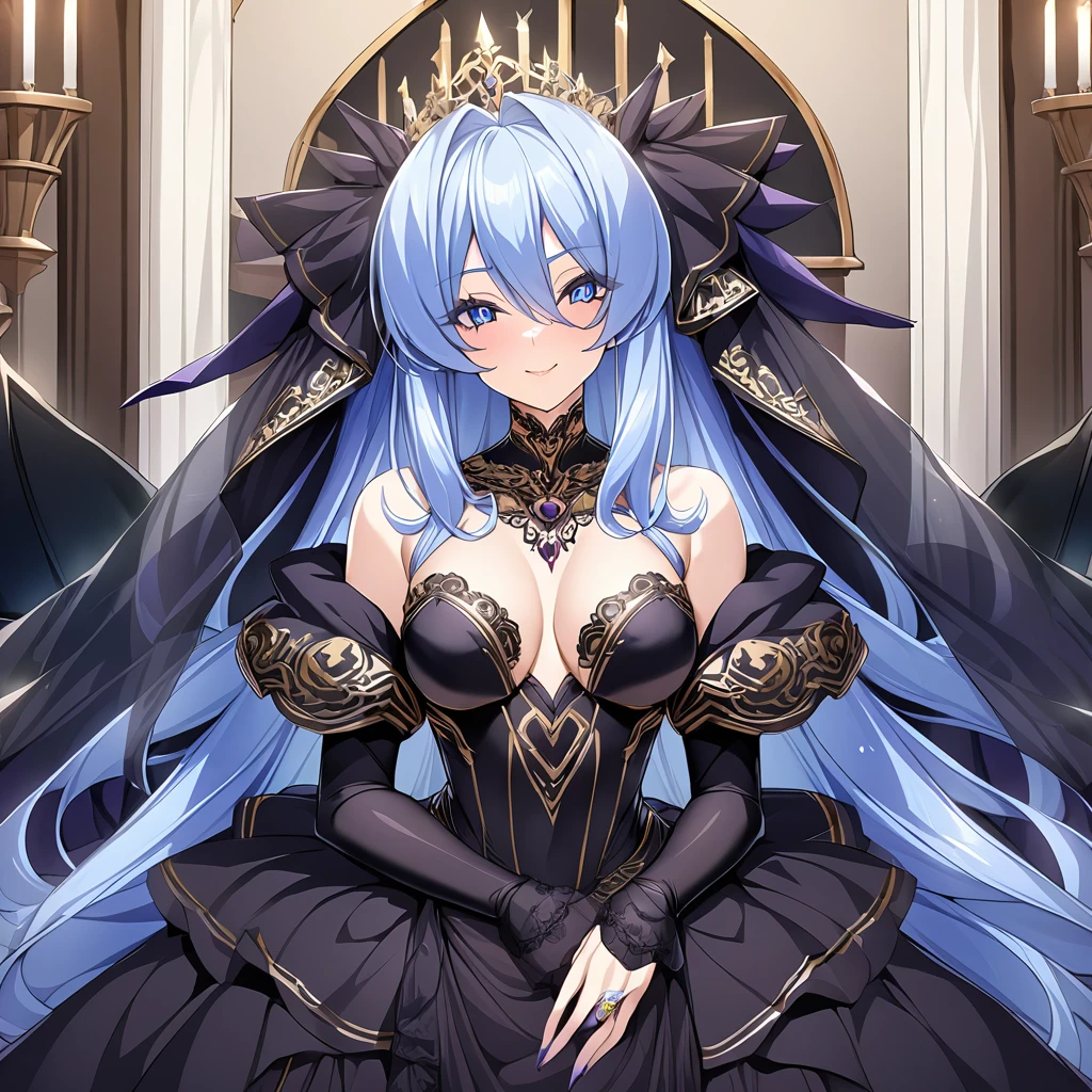 ((Highest quality)), ((masterpiece)), (detailed), （Perfect Face）、The woman is the evil queen, Extia, with medium-long blue hair, wearing a gorgeous black wedding dress with gold embroidery and trim, a black wedding veil, an engagement ring, and gorgeous accessories.、The woman is happily getting married in a posh church belonging to an evil organization.
