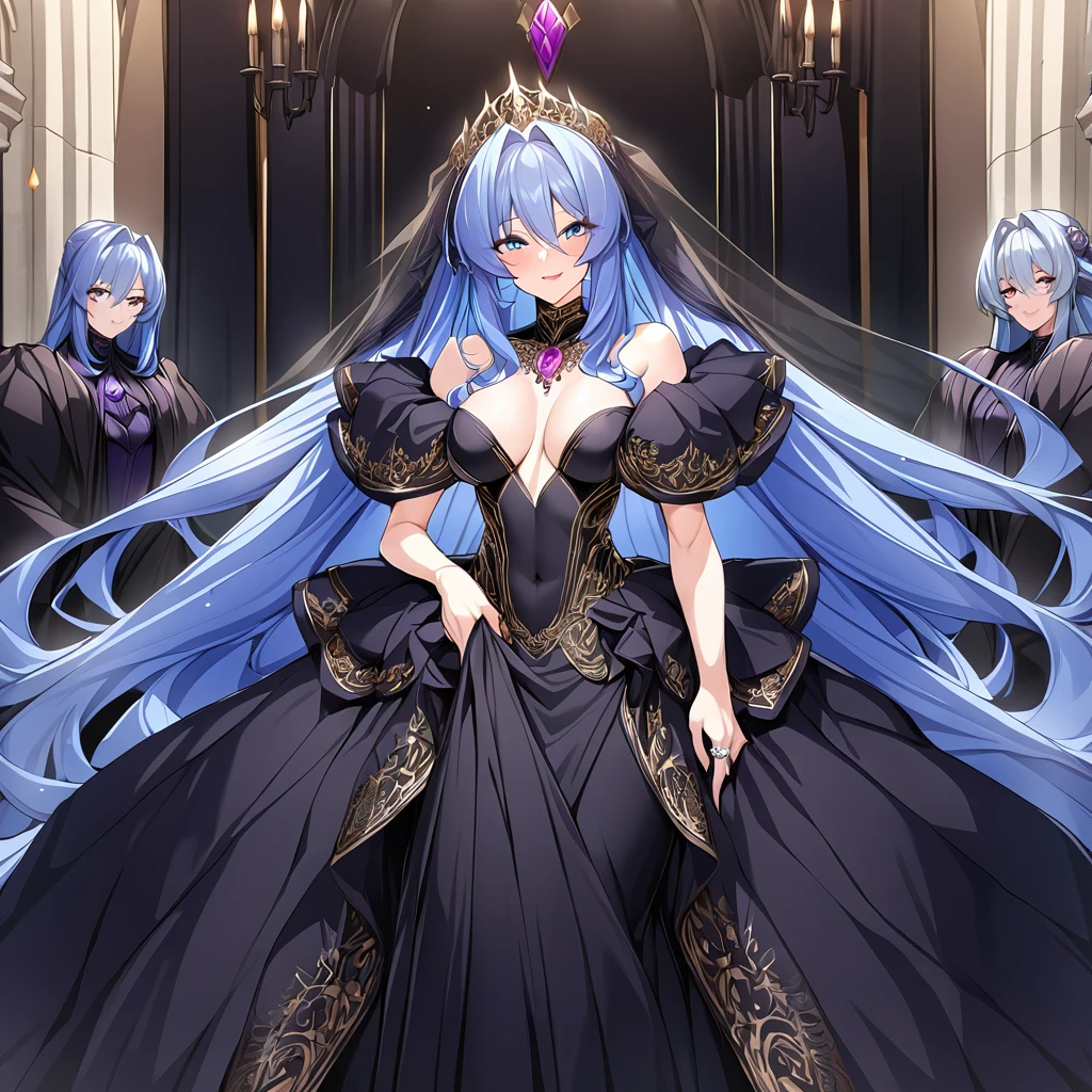 Less royalty，Delicate cold white skin face，Slim jade hands，Delicate Crystal Princess heels，nedium breasts，cleavage，The long legs are thin and straight, and white，white lace wedding dress，mediuml breasts，are standing，Princess Throne，Blue hair，White leg suit，Blue pupil，Diamond crown，lace legwear，8K screen，CG anime