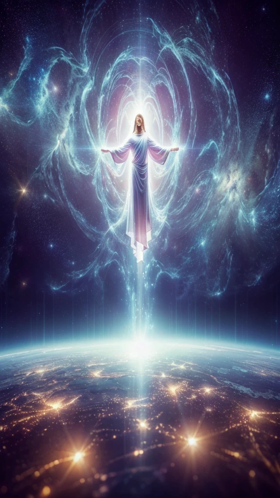 From the universe, a being of light is observed levitating with the loving Energy of Jesus. Photorealism, full view, highly detailed image, highly realistic, hyperrealism, cinematography, Ultra HD, 8k, Unreal Engine 5, sharp focus, intricate and mysterious masterpiece. (Long exposure photography Highly detailed, close-up portrait art illustration: final quality medium shot, backlit, rich and eye-catching. Enigmatic and mysterious manipulations (rule of thirds composition), ((detailed environment with lines strong), Better quality, on camera, white light, warm and clean aesthetics, dazzling screen composed of millions of bright ultraviolet lights, HDR.