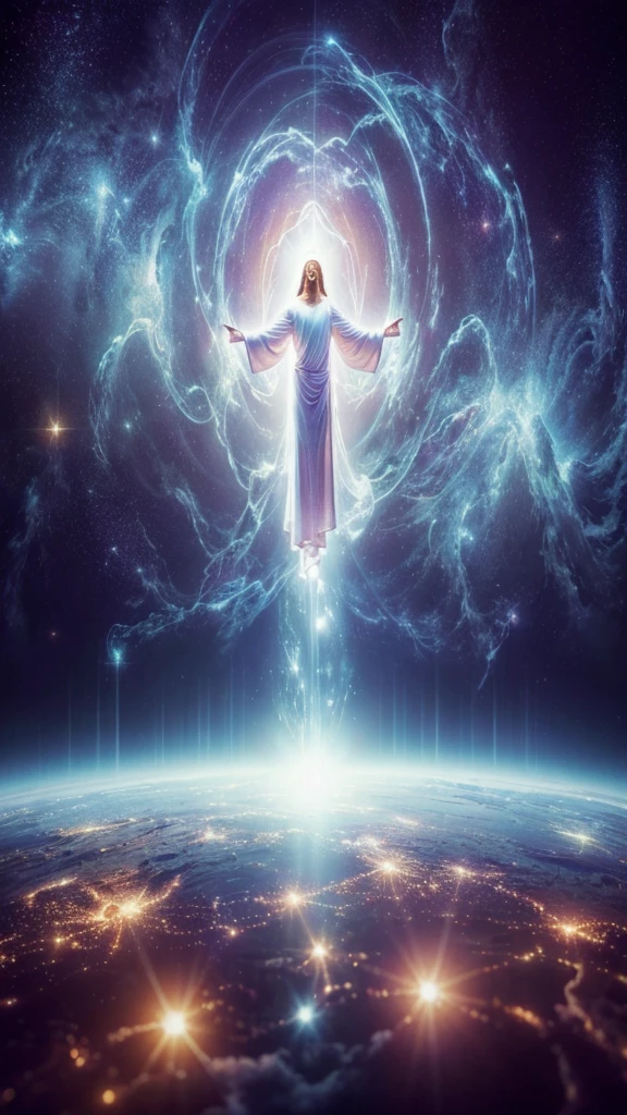 From the universe, a being of light is observed levitating with the loving Energy of Jesus. Photorealism, full view, highly detailed image, highly realistic, hyperrealism, cinematography, Ultra HD, 8k, Unreal Engine 5, sharp focus, intricate and mysterious masterpiece. (Long exposure photography Highly detailed, close-up portrait art illustration: final quality medium shot, backlit, rich and eye-catching. Enigmatic and mysterious manipulations (rule of thirds composition), ((detailed environment with lines strong), Better quality, on camera, white light, warm and clean aesthetics, dazzling screen composed of millions of bright ultraviolet lights, HDR.