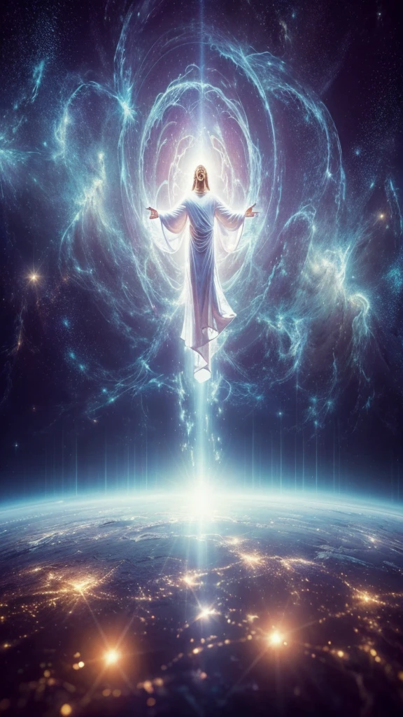 From the universe, a being of light is observed levitating with the loving Energy of Jesus. Photorealism, full view, highly detailed image, highly realistic, hyperrealism, cinematography, Ultra HD, 8k, Unreal Engine 5, sharp focus, intricate and mysterious masterpiece. (Long exposure photography Highly detailed, close-up portrait art illustration: final quality medium shot, backlit, rich and eye-catching. Enigmatic and mysterious manipulations (rule of thirds composition), ((detailed environment with lines strong), Better quality, on camera, white light, warm and clean aesthetics, dazzling screen composed of millions of bright ultraviolet lights, HDR.