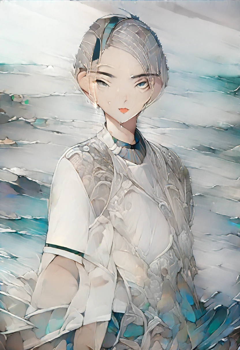 (Short-sleeved,White),(Fashionable),(Model),(Woman),(In her 20s),(Sea),(best quality:1.2),(master piece:1.2),(8k),(16k:1.2),(Illustration),(Best Quality:1.2),(Ultra-detailed:1.2),(top-quality:1.2),(​masterpiece:1.2)