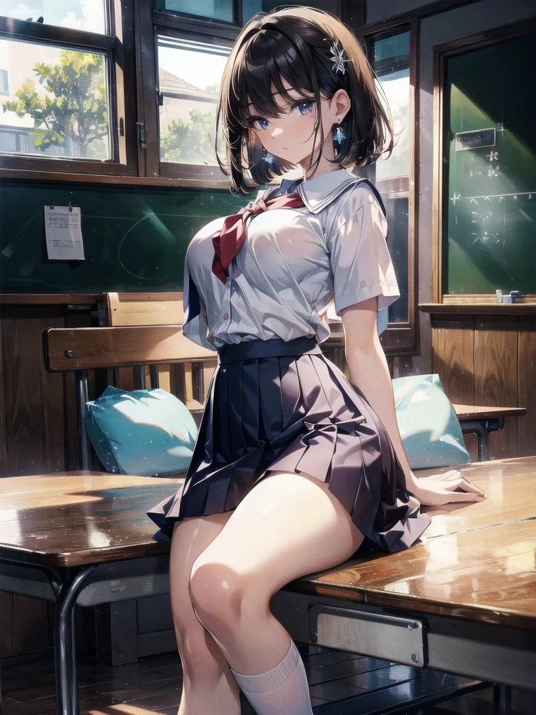 (Two Girls), (Highest quality), (Super detailed), (Detailed light), (Very delicate and beautiful), Brown Hair, Brown eyes, model, (Beautiful big boobs:1.3), Bare shoulders, (Bare Chest:1.2), (High School Uniform, Pleated skirt:1.3), (High  with wide open breasts:1.4), Highest quality, Highly detailed CG synthesis 8k wallpaper, High resolutionRAWカラー写真, Professional photography, (((Bokeh))), Depth of written boundary, Beach, Ocean, Twilight, sunset,　White panties、Brown Loafers、smile、Bright classroom、(((alone))),(((1 girl))),  Slim and beautiful thighs,  Highly detailed skin, masterpiece, Highest quality, 非常にDetailed face, Vibrant colors, Depth of written boundary, Cinema Lighting,, One girl, alone, Brown eyes, Brown Hair, hair ornaments,short hair,Red Check Skirt,blush, White shirt, masterpiece Highest quality High resolution、Sit with your knees bent、Beautiful feet 、On campus、As if looking up from below、Embarrassing,Browsing Caution,White panties,Camel Toe、((Tabletop, Highest quality, High resolution,  Pixel perfect, 4K, ))), 1 Girl, single, alone, Beautiful woman、I could see the whole body、 ((Short Wavy Hair, bangs, Brown Hair)), ((Brown eyes, Beautiful eyelashes, Realistic eyes)), ((Detailed face, blush:1.2)), ((Smooth texture:0.75, Realistic texture:0.65, Realistic:1.1, Anime CG Style)), Medium chest, Dynamic Angle, Perfect body, ((school uniform,  White shirt, Red Skirt, Unbuttoned shirt、Red Check Skirt、White socks)), An empty classroom、Sit at a desk、I took my feet off the desk.、smile、(Lift up your skirt with your right hand、Spread your legs、Knees wide open、white lace panties)、、(Cute Bra)、Angle from below
