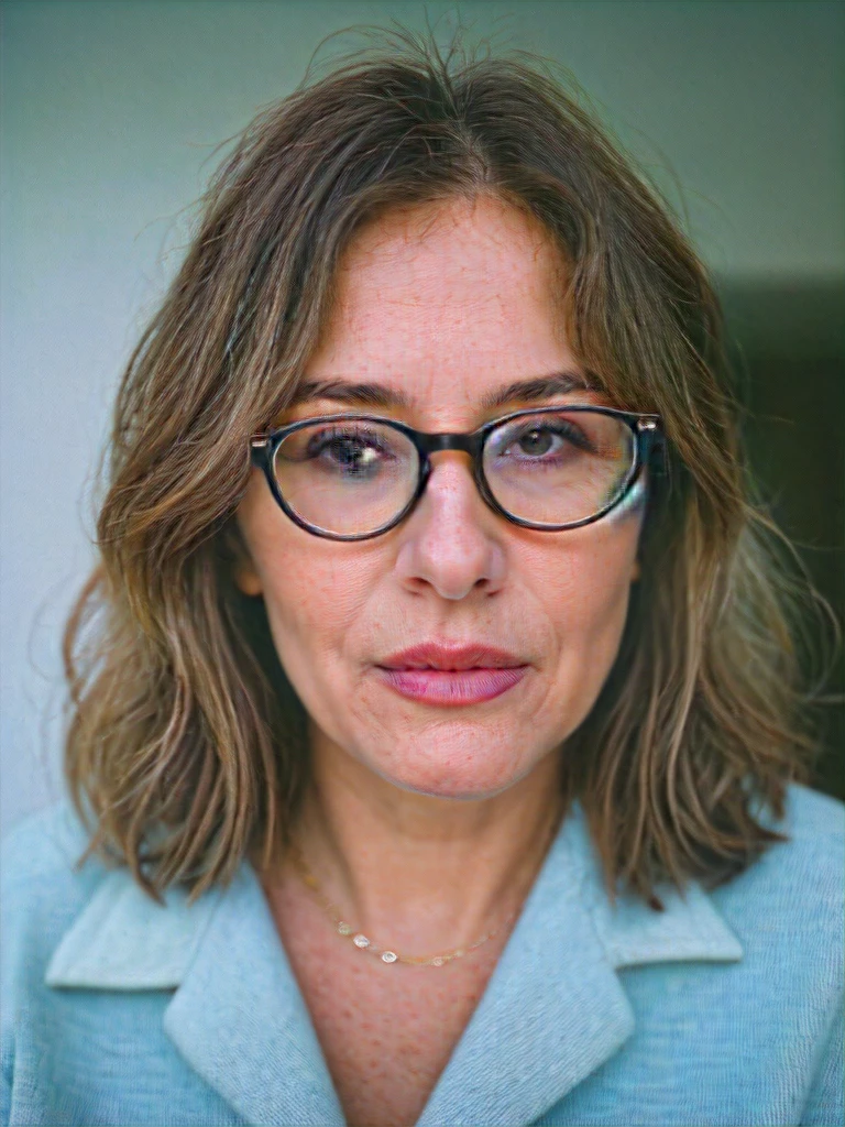 a beautiful 60-year-old grandma, light brunette, close-up, granny next door, baggy clothes, makeup, lips, glasses, night, messy hair, film grain, retro, Porta 160 color, shot on ARRI ALEXA 65, sharp focus on subject, Fujifilm XT-3, showing her tits, visible tits