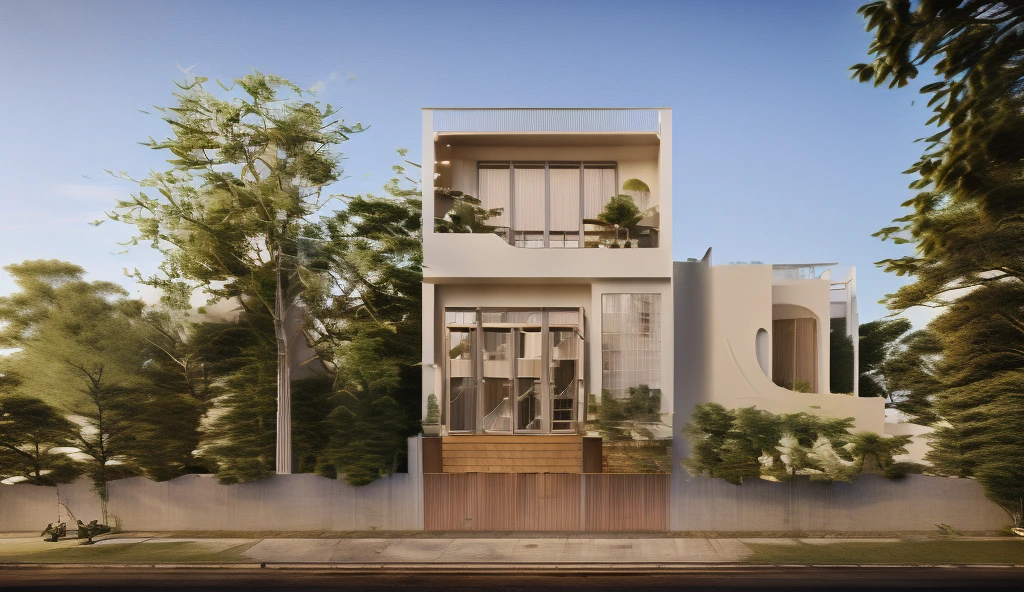 rendering of a modem residential townhouse, prrofessional render, wide anglee exterior 2023, highly detailed render, high quality rendering, realistic render, architectural render, high-quality render, detailed rendering, hyper-realistic render, hyper - realistic render, very rrealistic 3 d render, high render, rrealistic rendering, very realistic render