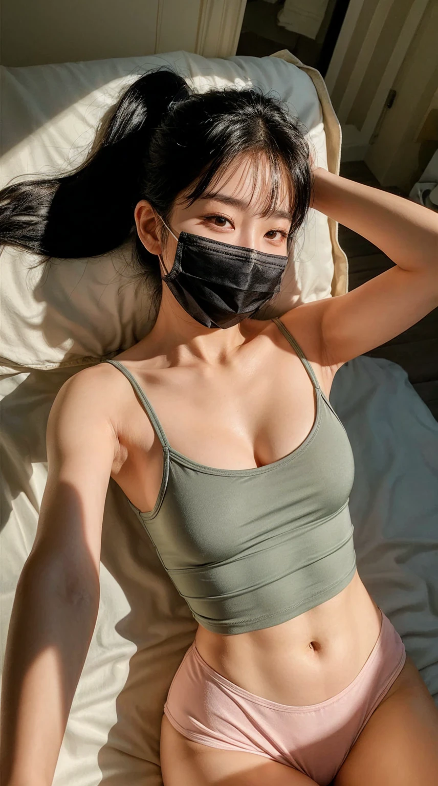 selfie, Create a realistic of A young Korean woman lying down with black hair in a ponytail, A white cloth is wrapped covering her eyes completely, a sage thin-strapped tanktop with deep side cuts, and light pink underwear. sweat glistening on her body. The setting is a bedroom with sunlight streaming in from outside, highlighting her figure. Her shadow is cast on a cream-colored wall behind her.