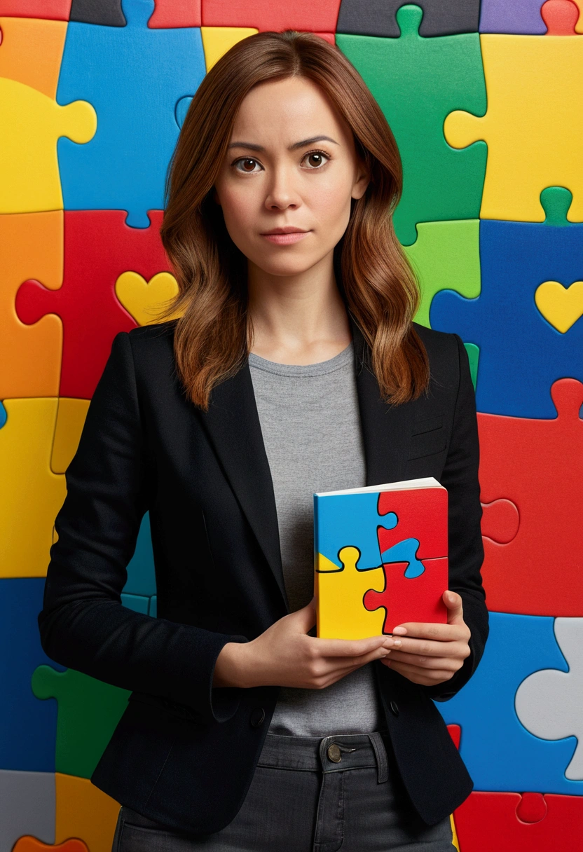 3D PIXAR STYLE POSTER. WOMAN 35 YEARS OLD, with light skin, MEDIUM BROWN HAIR ON THE SIDE, eyes browns, black blazer, black jeans pants, gray shirt, White sneakers, notebook in hand,  COLORFUL BACKGROUND WITH RED PUZZLE,  Unripe, azul e amarelo