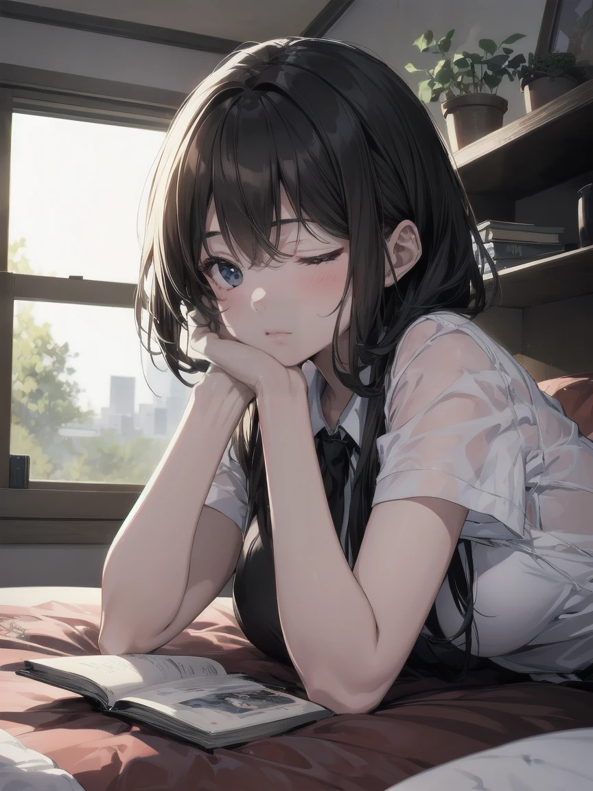 (Please draw a girl lying on a bed and sleeping..), One girl, (alone,,,23 years old),Attractive woman, The charm of androgyny, (Very short hair), Complete limbs, Full Finger,valley, between legs, Eyes closed,A beautiful sleeping face in 8K detail,, In my room. ,Very detailed,High resolution,Very detailed肌, Professional Lighting, (cool illustration:1.2),