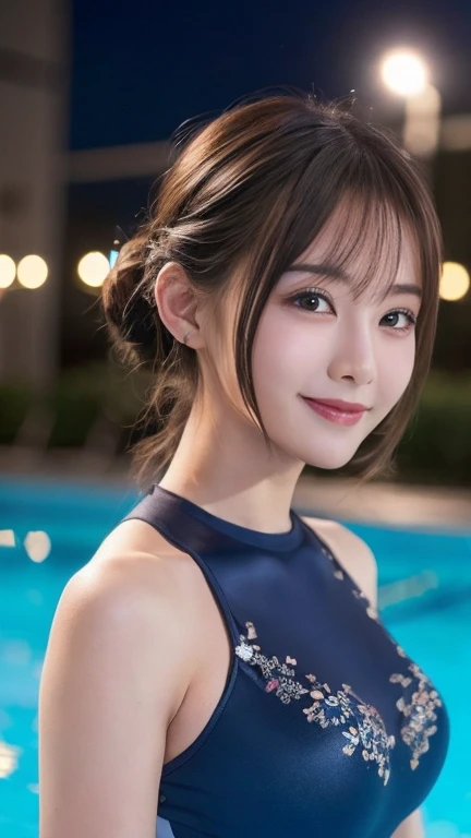 ((Highest quality, 8k, masterpiece: 1.3)), 1 Girl, The beauty of slim abs: 1.3, (Hairstyle Casual, Small breasts: 1.2), Rash guard: 1.1, Super detailed face, Delicate eyes, double eyelid, smile, nightのプール Trendy Hair Styles 綺麗なnight景 night Filmed by the pool