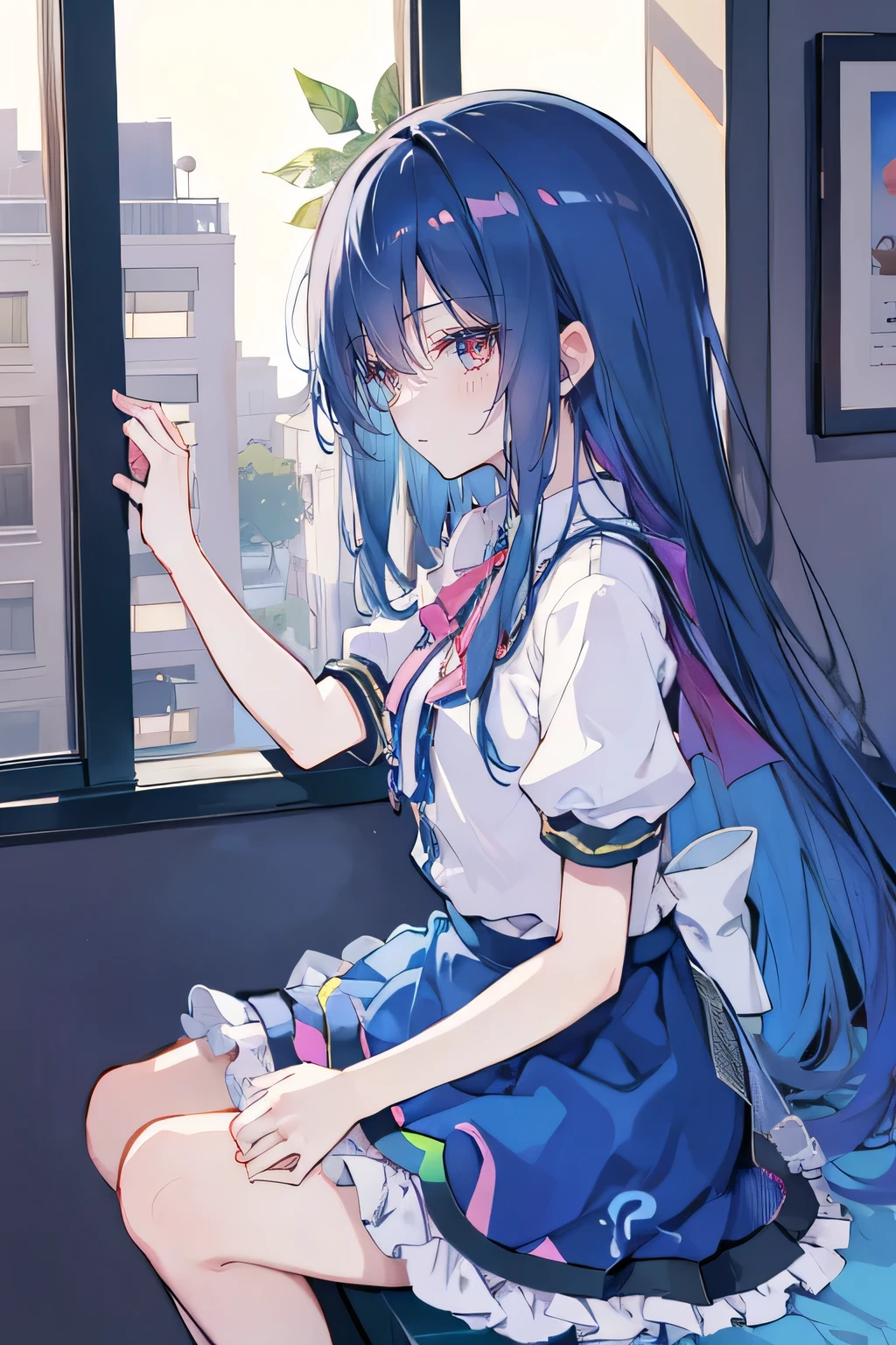 Anime Girl sitting on window sill drinking coffee and looking out the window, (Anime Girl), Anime cute art style, seductive Anime Girl, Beautiful anime high school, Cute girl anime visual, Night Core, Best Girl in Anime, young Anime Girl,dark blue long hair,Sit by the window