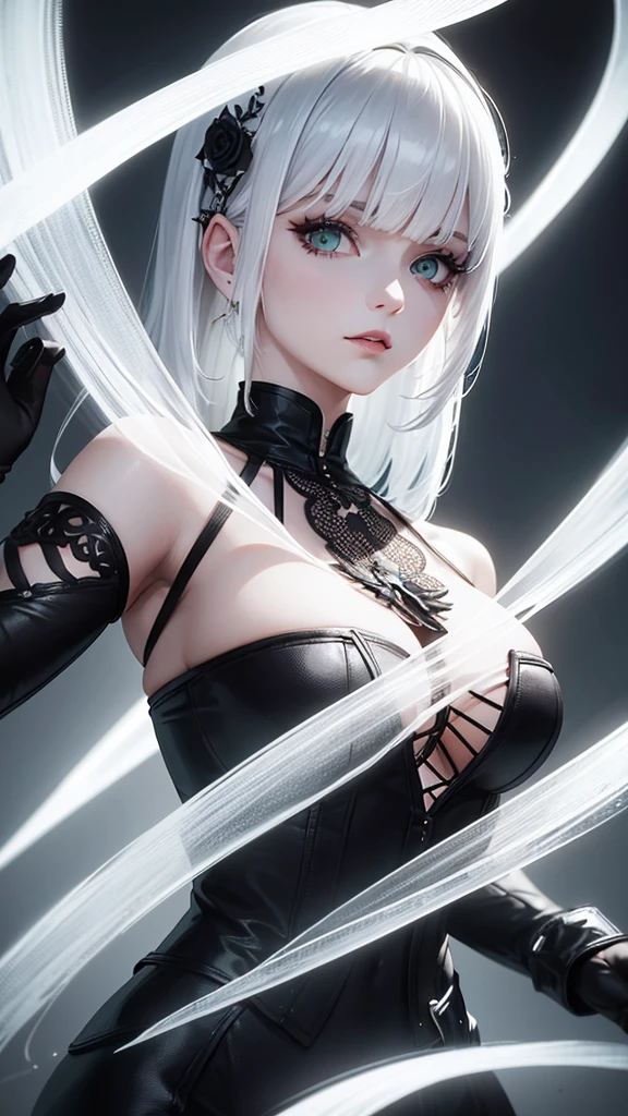 girl with white hair,with bangs, black gloves, green eyes, gothic,4K, masterpiece, perfect body, stem,perfect eyes, perfect shading, perfect lighting, best quality, work of art, ultra detailed, detailed clothing