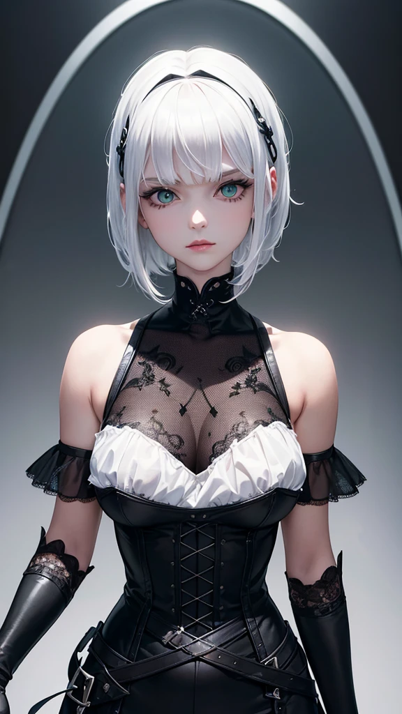 {(masterpiece,best quality, 16K portrait, UHD, extremely detailed the work, detailed beautiful face and eyes and skin and hair)} BREAK {(ultra realistic photo graphic style)} BREAK {solo,(2B of Nier-Automa:1.4), (lightbrown-lightwhite colored hair:1.4, short cut hair), (medium mouth),(narrow and sharp eyes),(attractive blue-glay eyes:1.4),(left-eye hidden by bangs:1.2),(slender body,small breasts):1.2,captivating lips} BREAK {(Nier-Automata-2B costume:1.2),(cleavage between breasts:1.2),(hairband:1)} BREAK {(body-shot,gravure-model pose}