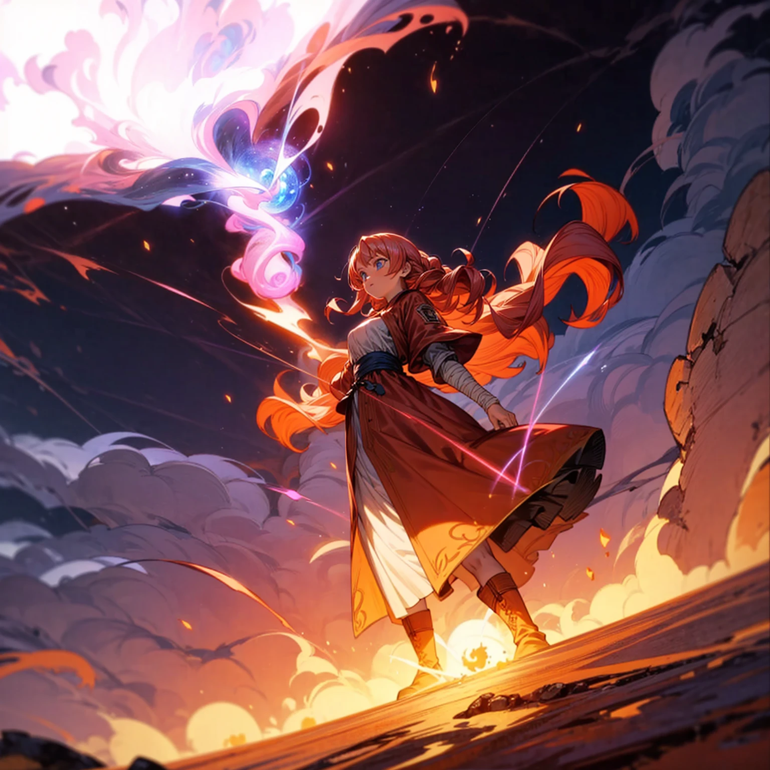 1woman, 1character, woman version, blue eyes, long Curly haircut, pink colour hair, Ancient Roman clothing, red colour clothing, long dress, boots, Bandage on hand, Grassroots, background in field town, motion blur, fire burned in hand, (dragon ball style art), (high angle view), smoke effect, aura effect, blue lighting, (the largest blue fireball), Moonlight, moon, blue fireball light silhouette, blue fire, lightning flash, plasma effect 