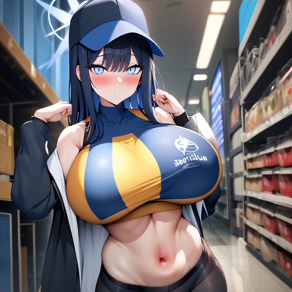 saori(blue archive),1girl,solo,blush,cap,sleeveless,bare shoulders,be seen from one's navel,super huge breasts,looking at viewer,near,standing up,Aisle Background,