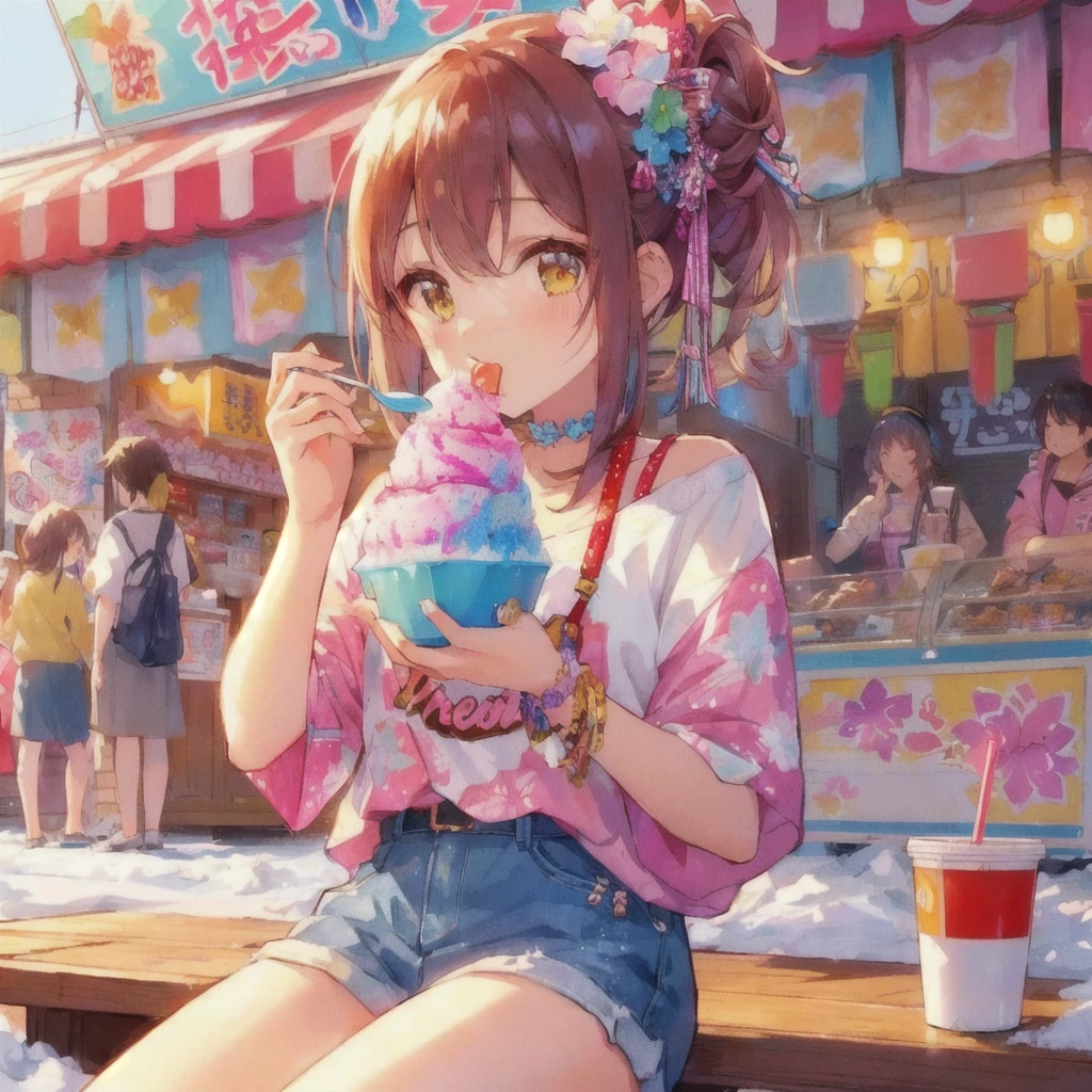 Anime girl eating shaved ice at a shaved ice shop, Cute Anime Girl, 80s anime style,Anime Style 4k, pretty girlのアニメビジュアル, Soda themed girl, Lo-fi Girl, Beautiful Anime Girls, anime art wallpaper 4k, anime art wallpaper 4k, Anime Art Wallpapers 8K, pretty girl, Eating ice cream, Anime Girl Desktop Backgrounds