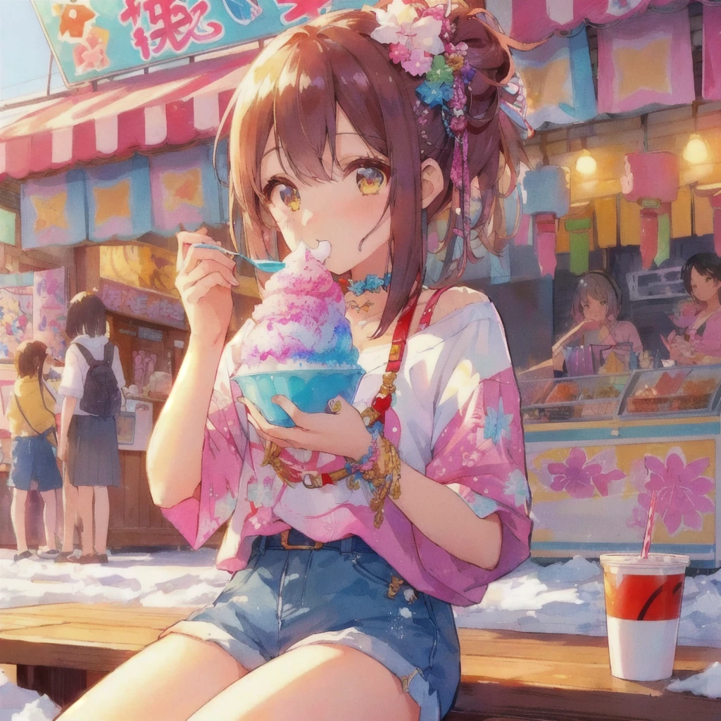 Anime girl eating shaved ice at a shaved ice shop, Cute Anime Girl, 80s anime style,Anime Style 4k, pretty girlのアニメビジュアル, Soda themed girl, Lo-fi Girl, Beautiful Anime Girls, anime art wallpaper 4k, anime art wallpaper 4k, Anime Art Wallpapers 8K, pretty girl, Eating ice cream, Anime Girl Desktop Backgrounds