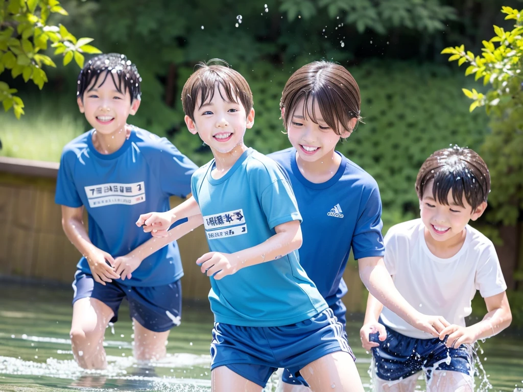 In the forest、 in the countryside、Swimming in the river、Bathing in water、Cute eletary  boy、Boy in gym clothes、The bottom of the white T-shirt is blue、Blue shorts、The boys are playing、Get wet all over、Noisy boys、Splashing Water、Japanese、（Boy 1.4）、high resolution