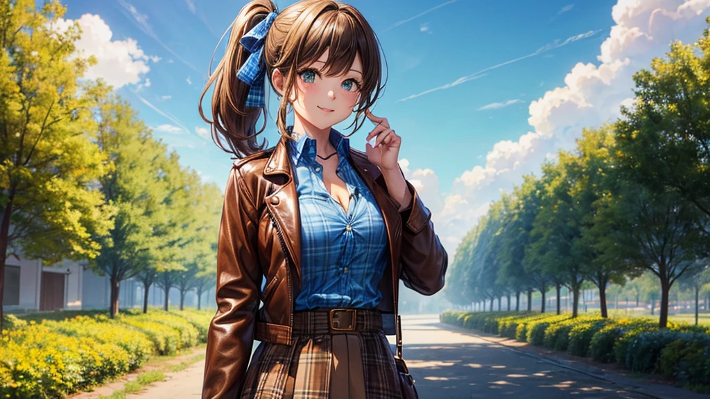 1girl, solo, village, trees, sun, clouds, ((colorful hair)), side ponytail, large breasts, ((brown leather jacket)), button down shirt, ((blue checked shirt)), ((unbuttoned shirt)), unbuttoning buttons, cleavage 1:3 green eyes, long skirt, brown boots, smile, happy, looking at the viewer, standing, hair ribbon, golden necklate