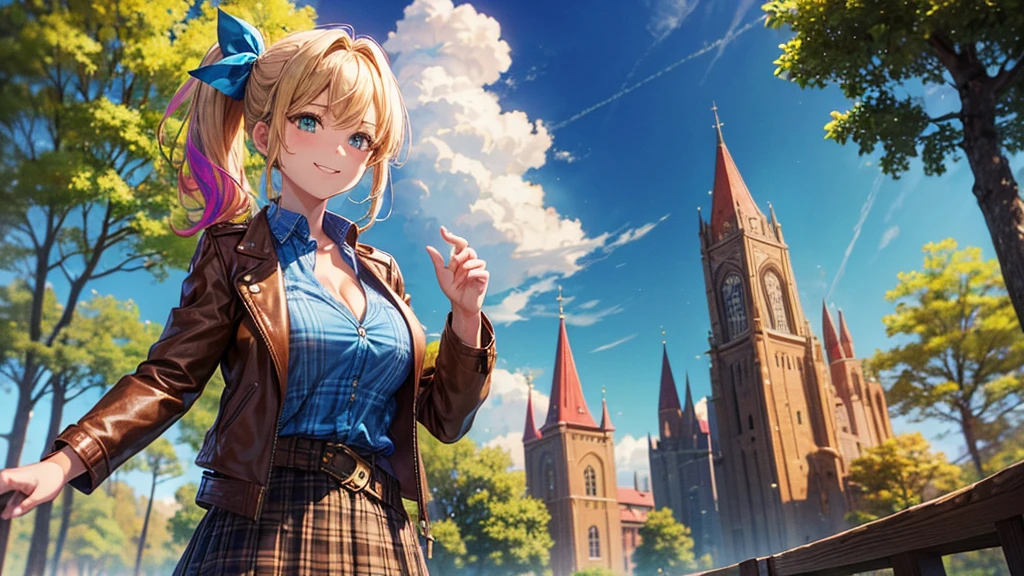 1girl, solo, village, trees, sun, clouds, ((colorful hair)), side ponytail, large breasts, ((brown leather jacket)), button down shirt, ((blue checked shirt)), ((unbuttoned shirt)), unbuttoning buttons, cleavage 1:3 green eyes, long skirt, brown boots, smile, happy, looking at the viewer, standing, hair ribbon, golden necklate