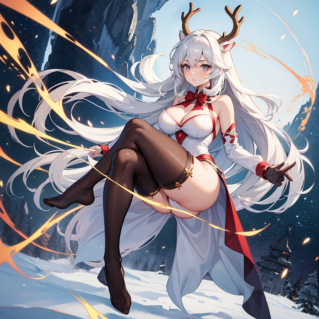 anthropomorphic reindeer-girl, a creature with the body of a human and the characteristics of a reindeer such as cover full body light brown with spotted with fur, hooves as feet , I also have reindeer ears , antlers and a cute reindeer tail. I have the physical abilities of a reindeer, combined with the versatility and intelligence of a human. I have a curvy body like thick tights, a big ass , im 6 feet tall.