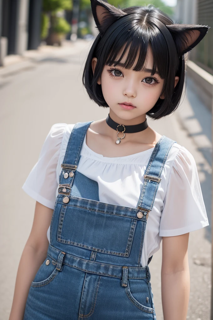 1 girl, 12 year old, short black hair, with cat ears, white blouse with denim overalls, glad, black choker