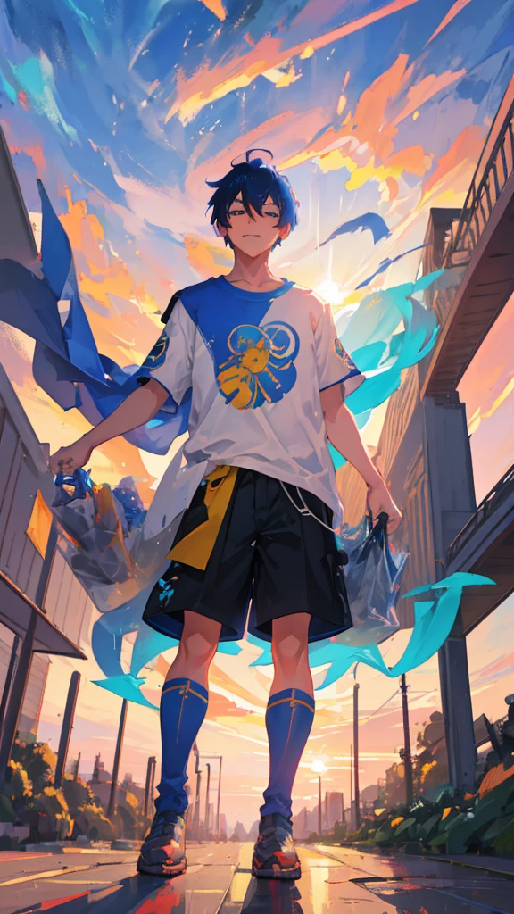 A close up of A man 1boy Walking Facing Right, high angle perspective, a Mouth Smile, Face style, Black with Blue Japanese Hairstyles For Men, Yellow_Eyes, skill Efforts, light, Blue flames cool, High, a anime Highest style, Blue Hair, powerful, T-shirts, Color cape Blue, a in cool Realistis, a scenery sunset background Buram Perbesaran, digital anime style, sunset, UHD, Lens flare, digital Style, manga cover style, 3d cg rendering, HD Best quality